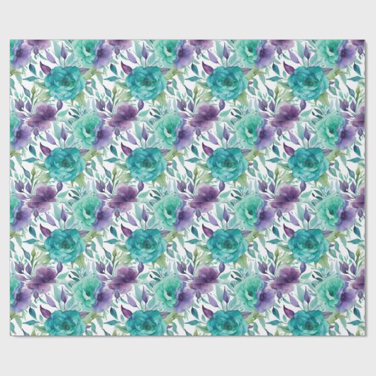 Blauwe Rozen Paarse Waterverf Blooms Cadeaupapier (Vlak)