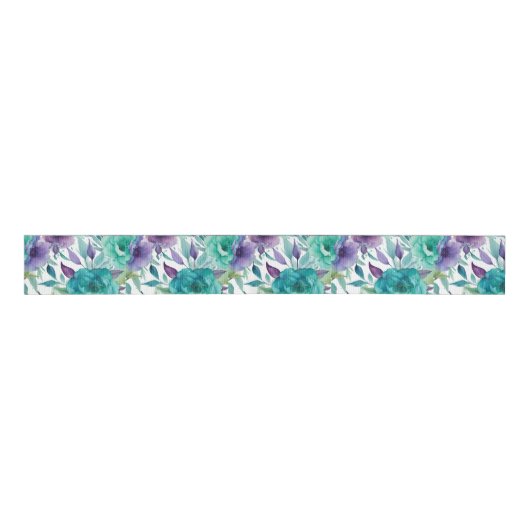 Blauwe Rozen Paarse Waterverf Blooms Grosgrain Lint (Voorkant)