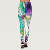 Blauwe Rozen Paarse Waterverf Blooms Leggings (Achterkant)