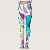 Blauwe Rozen Paarse Waterverf Blooms Leggings (Voorkant)
