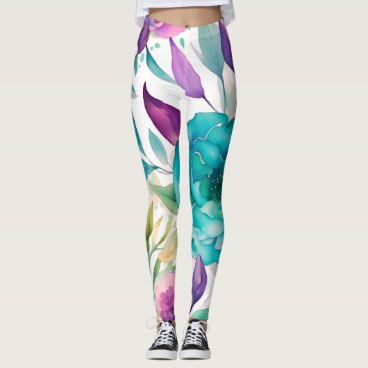 Blauwe Rozen Paarse Waterverf Blooms Leggings (Voorkant)