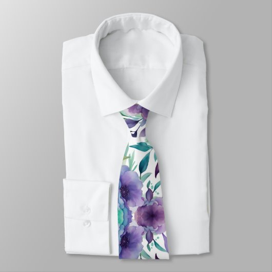 Blauwe Rozen Paarse Waterverf Blooms Stropdas (Gebonden)