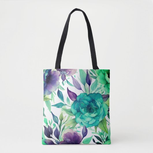 Blauwe Rozen Paarse Waterverf Blooms Tote Bag (Voorkant)