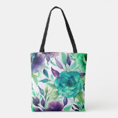 Blauwe Rozen Paarse Waterverf Blooms Tote Bag (Achterkant)