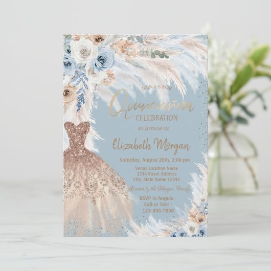 Blauwe Rozen Pampas Grass Jurk Lichtblauw Kaart (Staand voorkant)