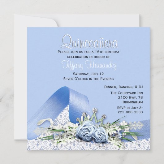 Blauwe Rozen Quinceañera Verjaardagsuitnodiging Kaart (Voorkant)