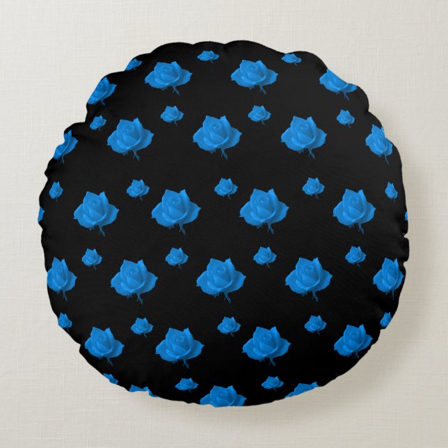 Blauwe Rozen Rond Kussen (Voorkant)