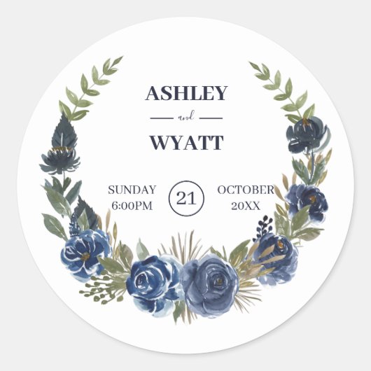 Blauwe Rozen Ronde Sticker (Voorkant)