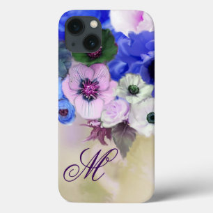 BLAUWE ROZEN, ROZE WITTE ANEMONEBLOEMEN MONOGRAM iPhone 13 HOESJE