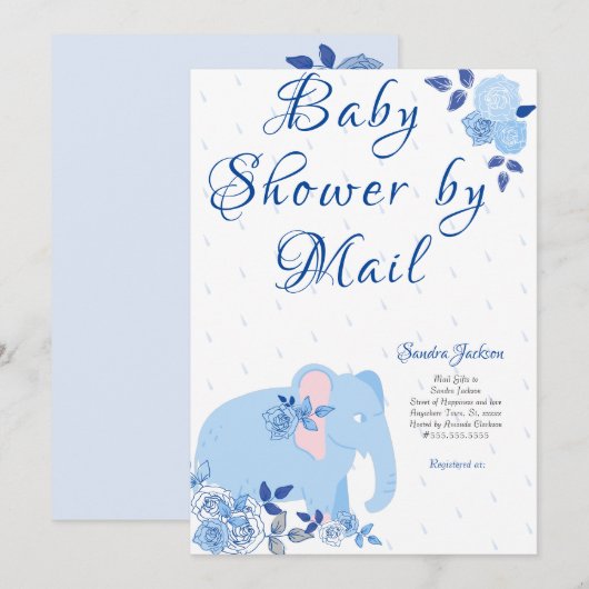 Blauwe Rozen Schattige Olifant Boy Baby shower Kaart (Voorkant / Achterkant)