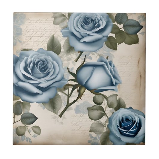  Blauwe Rozen Shabby Tegeltje (Voorkant)