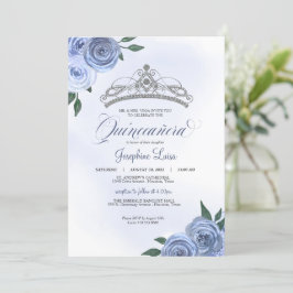 Blauwe Rozen Silver Floral Quinceañera Birthday Kaart