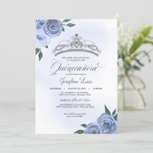 Blauwe Rozen Silver Floral Quinceañera Birthday Kaart