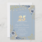 Blauwe Rozen Slingerlichten Stof Blauw 25e Verjaar Kaart (Voorkant)