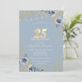 Blauwe Rozen Slingerlichten Stof Blauw 25e Verjaar Kaart (Staand voorkant)
