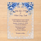 Blauwe Rozen Sneeuwvlok Kerstbruiloft Acryl Uitnodigingen (Voorkant)