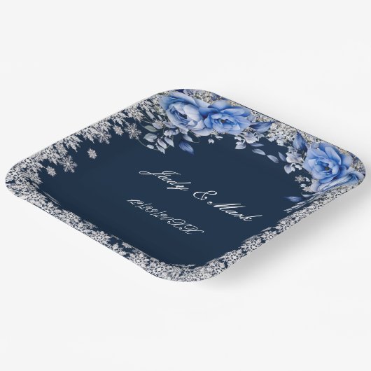 Blauwe Rozen Sneeuwvlok Kerstbruiloft Papieren Bordje (Gebogen)