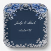 Blauwe Rozen Sneeuwvlok Kerstbruiloft Papieren Bordje (Voorkant)