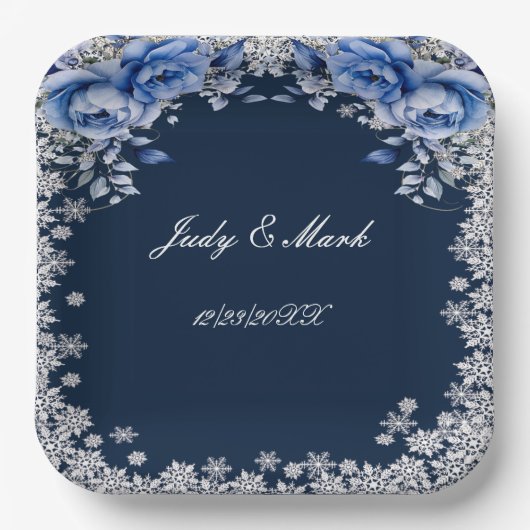 Blauwe Rozen Sneeuwvlok Kerstbruiloft Papieren Bordje (Voorkant)