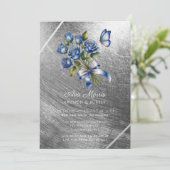 Blauwe Rozen Vlinder Zilver Brunch & Bubbels Kaart (Staand voorkant)