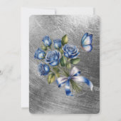 Blauwe Rozen Vlinder Zilveren Bruiloftsfeest Kaart (Achterkant)