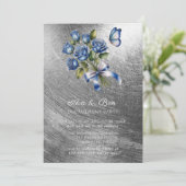 Blauwe Rozen Vlinder Zilveren Verlovingsfeest Kaart (Staand voorkant)
