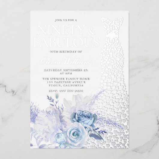 Blauwe Rozen Vrouwen 90ste Verjaardagsfeestje Echt Folie Uitnodiging (Voorkant)