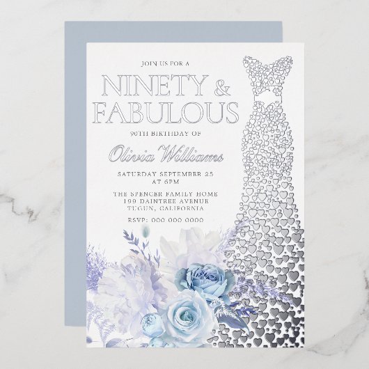 Blauwe Rozen Vrouwen 90ste Verjaardagsfeestje Echt Folie Uitnodiging (Voorkant / Achterkant)