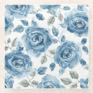 Blauwe Rozen Waterverf Botanische Bloemen Bloemstu Glazen Onderzetter