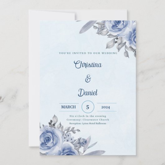 Blauwe Rozen Waterverf bruiloft Kaart (Voorkant)