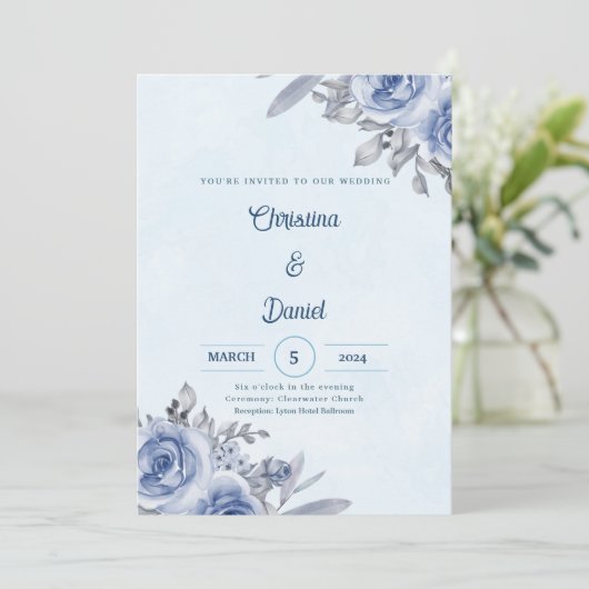 Blauwe Rozen Waterverf bruiloft Kaart (Staand voorkant)