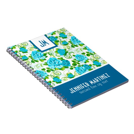 Blauwe Rozen Witte Achtergrond Monogram Notitieboek (Rechterzijde)