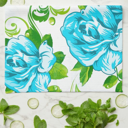 Blauwe Rozen Witte achtergrond Theedoek (Gevouwen)