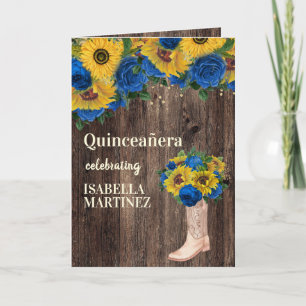 Blauwe Rozen Zonnebloemen Cowgirl Foto Quinceañera Kaart
