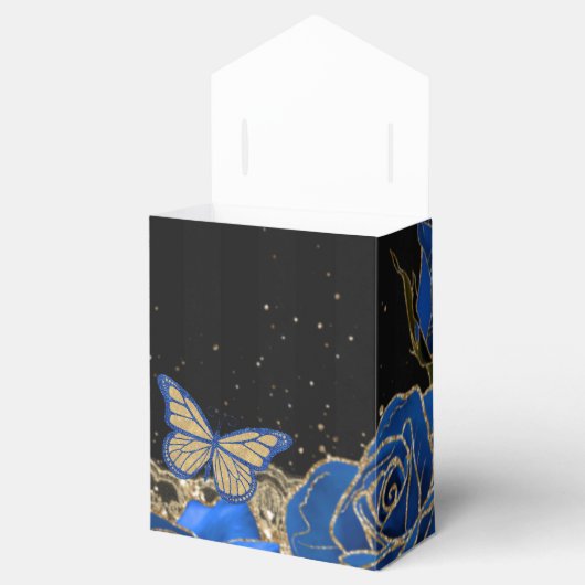  Blauwe Rozen Zwarte Goud Lace Quinceañera Bedankdoosjes (Geopend)