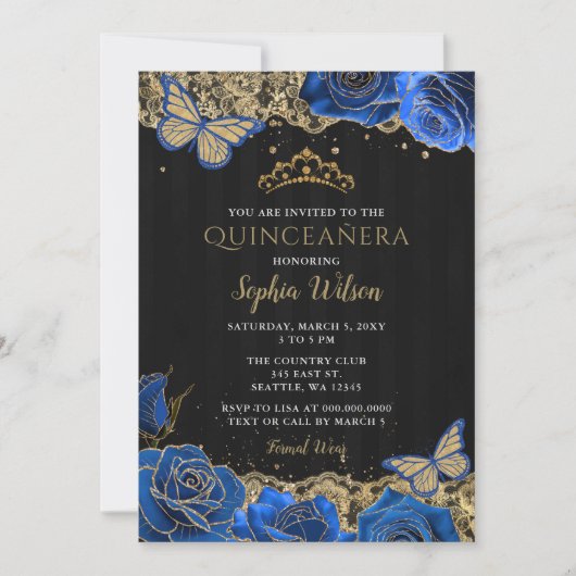  Blauwe Rozen Zwarte Goud Lace Quinceañera Kaart (Voorkant)