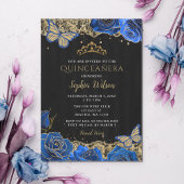 Blauwe Rozen Zwarte Goud Lace Quinceañera Kaart