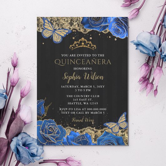  Blauwe Rozen Zwarte Goud Lace Quinceañera Kaart