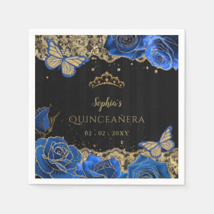 Blauwe Rozen Zwarte Goud Lace Quinceañera Servet