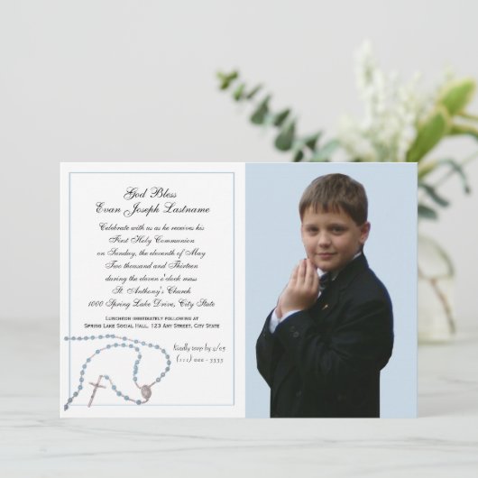 Blauwe Rozenkrans Communie Foto Kaart (Staand voorkant)