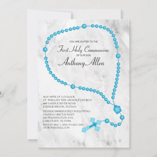 Blauwe Rozenkrans Kralen Eerste Heilige Communie Kaart (Voorkant)