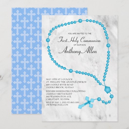 Blauwe Rozenkrans Kralen Eerste Heilige Communie Kaart (Voorkant / Achterkant)