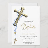 Blauwe rozenkrans versierd met gouden kruisdoop kaart (Voorkant)