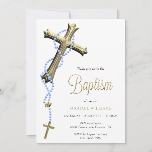 Blauwe rozenkrans versierd met gouden kruisdoop kaart (Voorkant)