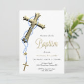 Blauwe rozenkrans versierd met gouden kruisdoop kaart (Staand voorkant)