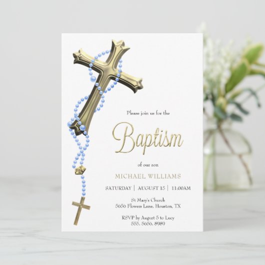 Blauwe rozenkrans versierd met gouden kruisdoop kaart (Staand voorkant)