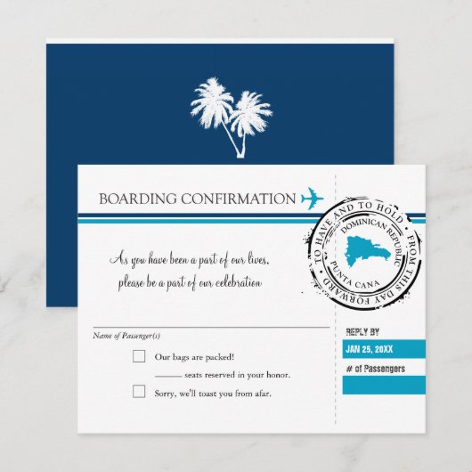 Blauwe RSVP-instapkaart naar Dominicaanse Republie RSVP Kaartje (Voorkant / Achterkant)