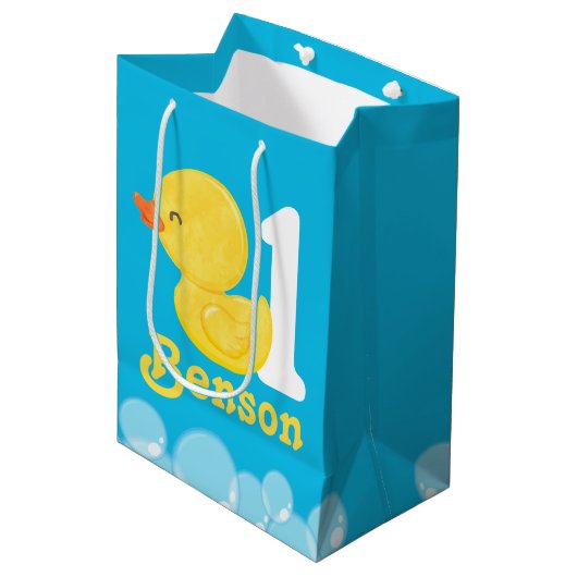Blauwe Rubber Duck Gepersonaliseerde Verjaardag Medium Cadeauzakje (Voorkant Gekanteld)