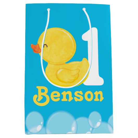 Blauwe Rubber Duck Gepersonaliseerde Verjaardag Medium Cadeauzakje (Voorkant)