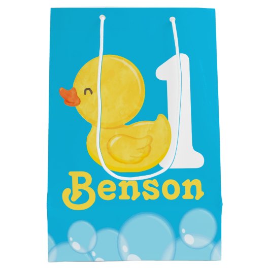 Blauwe Rubber Duck Gepersonaliseerde Verjaardag Medium Cadeauzakje (Achterkant)